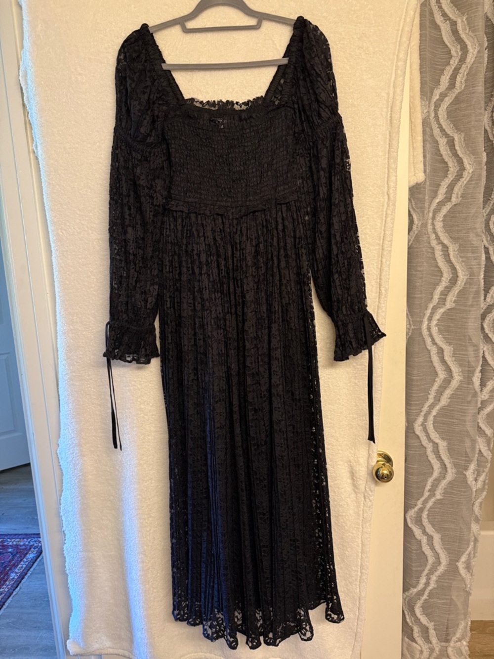 Urban Outfitters Black Lace Long-Sleeve Lace Maxi Dress with double puff sleeves